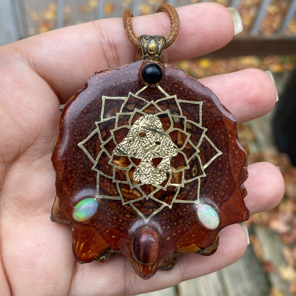 One of a kind Pinecone necklace featuring opal,opalite,obsidian & lapis lazuli